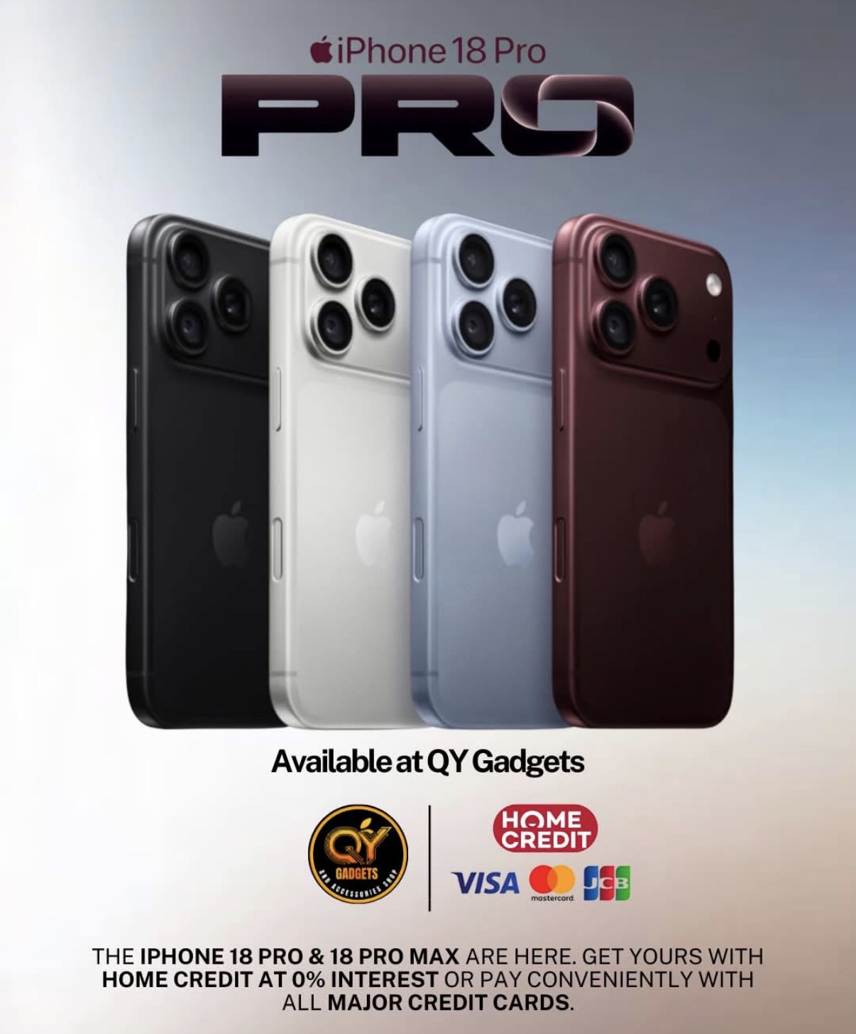 QY Gadgets promotion for iPhone 18 Pro and Pro Max, featuring four finishes and payment options.